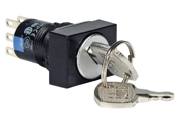 IDEC 16mm Key Selector Switch; Rectangular; 3-Position; DPDT; Maintained (left)/Maintained/Momentary; 3A (Thermal); Key Removal: Left/Center Position
